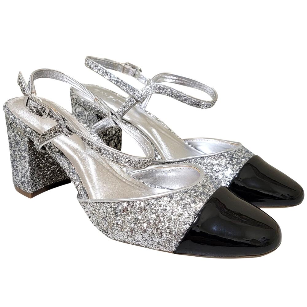 On 34th Women Dotti Cap Toe Ankle Strap Pump Heels Size US 9.5M Silver Glitter - Picture 1 of 5